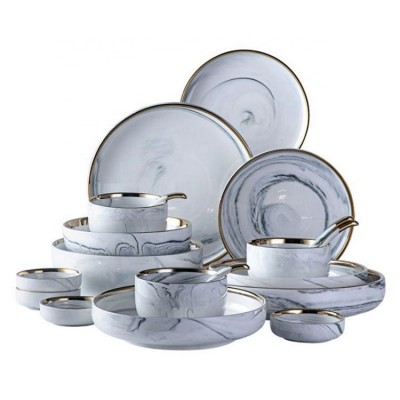 T25 hot selling marble design porcelain tableware ceramic wedding charger plate set dinnerware set for hotel